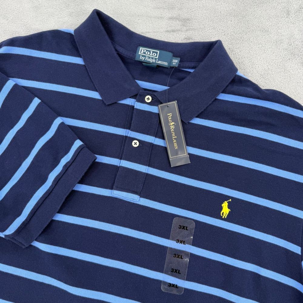 Polo Ralph Lauren Mens 3XB Big Navy Blue Striped Cotton Polo Shirt Cotton NEW